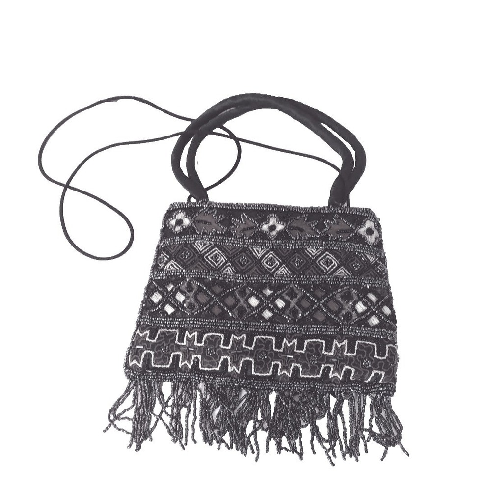Vintage Style Beaded Fringe Evening Bag Black Silver Crossbody Handbag‎